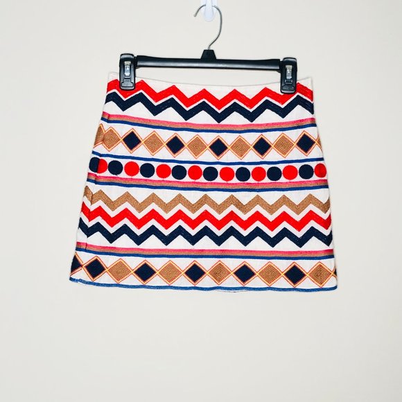 THML | Embroidered Linen Blend Skirt Colorful Patterned Red Blue Gold White - Picture 3 of 7